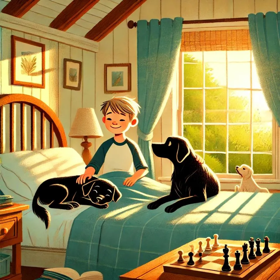 A smiling boy sits up in bed patting a sleeping black labrador while a second labrador rests beside him, with a chessboard set up on the bedside table.